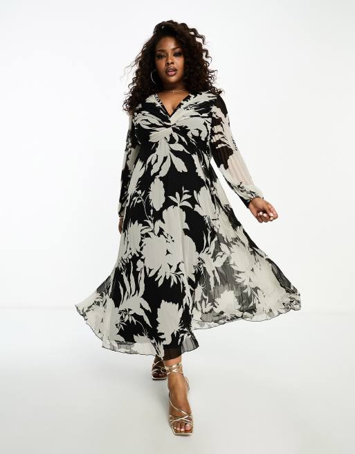 ASOS DESIGN Curve pleated bodice plunge neck midi dress in mono floral  print | ASOS