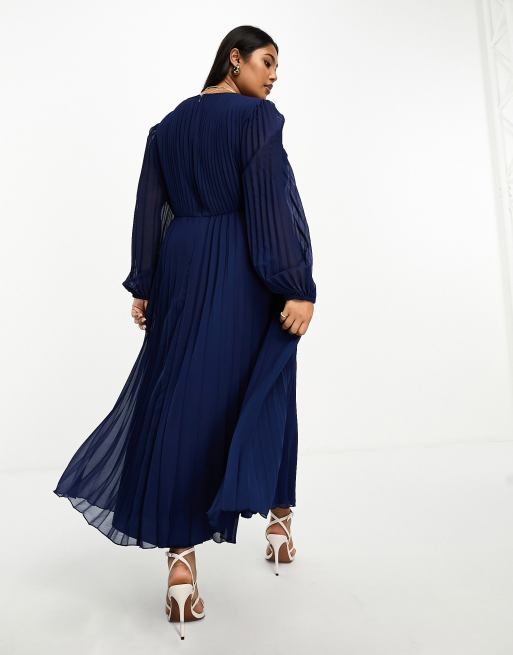 ASOS DESIGN Curve pleated bodice plunge neck midi dress in navy ASOS