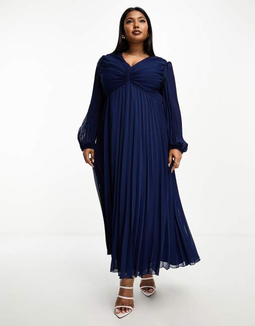 ASOS DESIGN Curve pleated bodice plunge neck midi dress in navy ASOS