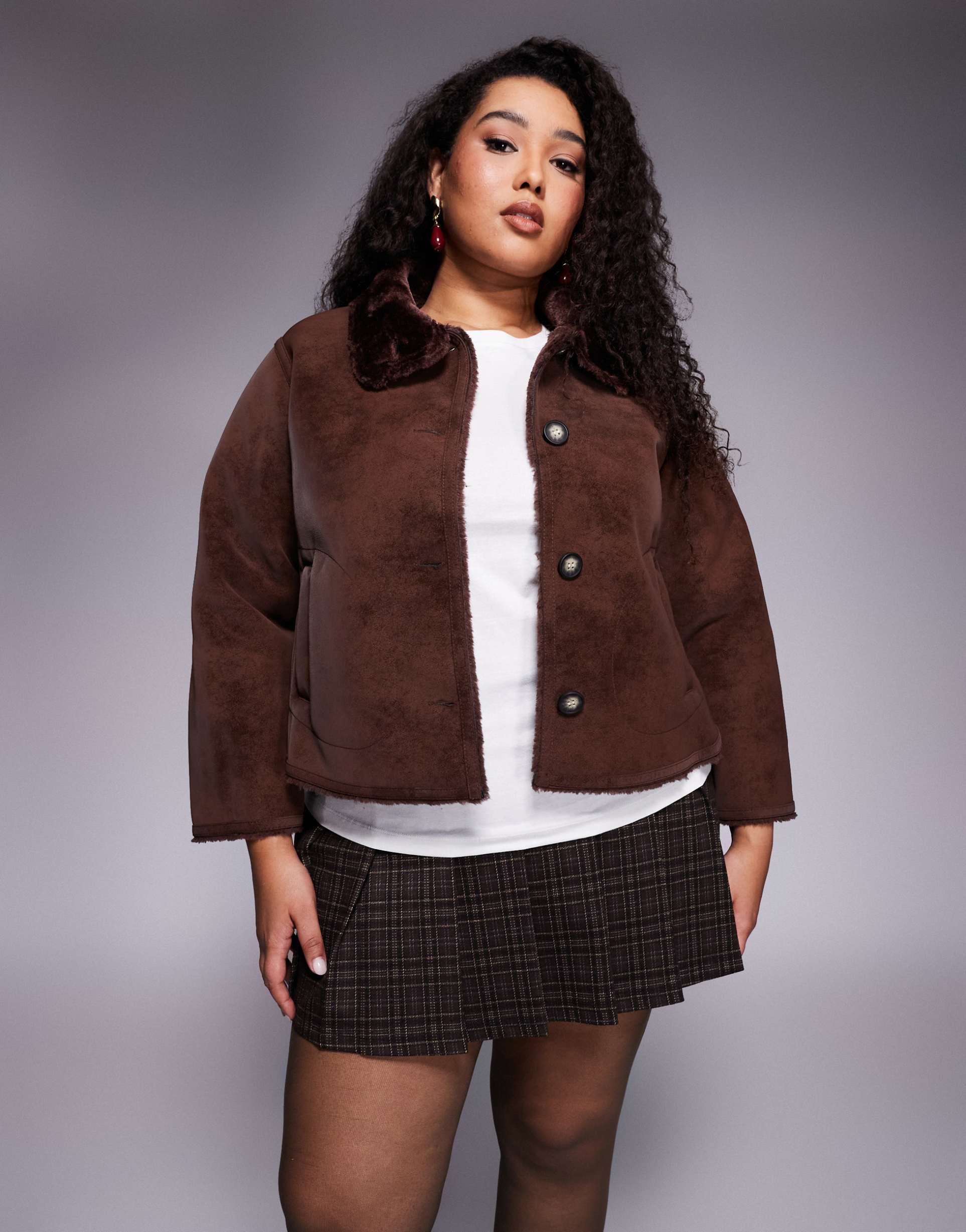 asos design curve pleated brushed pleated micro mini skort in chocolate plaid print