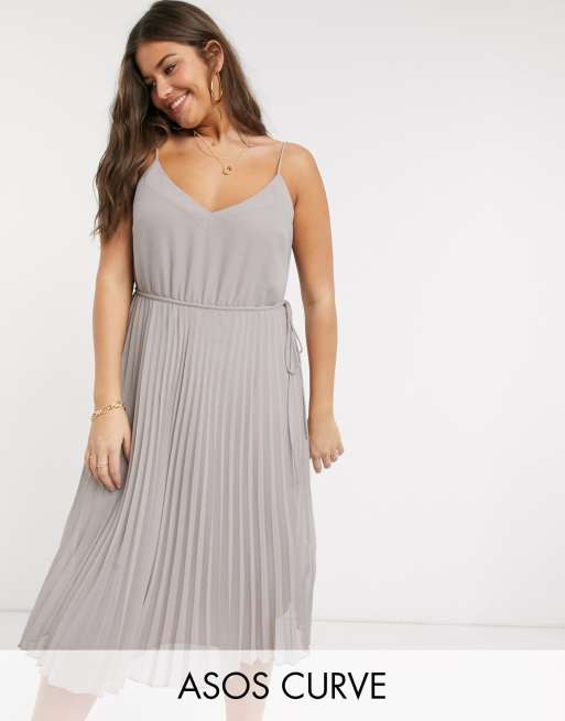 Asos Design Curve Pleated Cami Midi Dress With Drawstring Waist In Grey Asos 9472