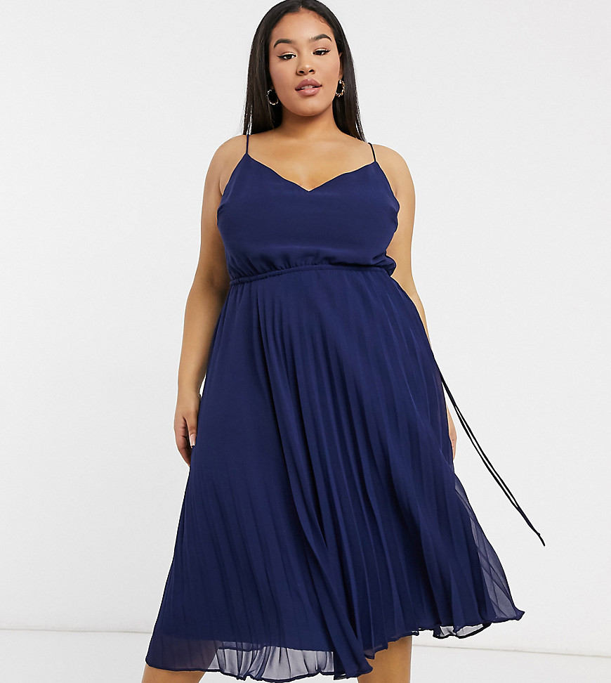 ASOS DESIGN Curve pleated cami midi dress with drawstring waist in navy
