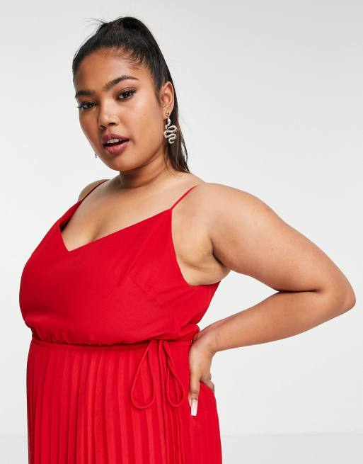 ASOS DESIGN Curve pleated cami midi dress with drawstring waist in red