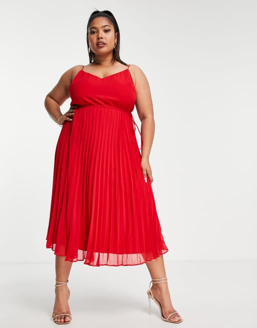 ASOS DESIGN Curve pleated cami midi dress with waist in red ASOS