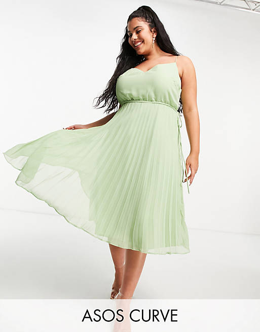 ASOS DESIGN Curve pleated cami midi dress with drawstring waist in sage green