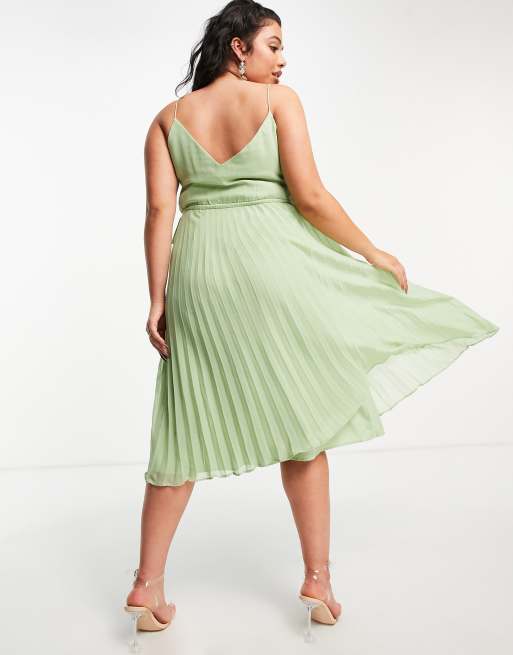 ASOS DESIGN Curve pleated cami midi dress with drawstring waist in sage  green