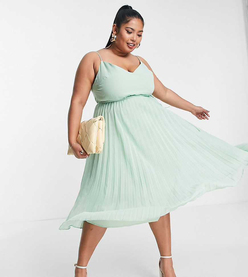 ASOS DESIGN Curve pleated cami midi dress with drawstring waist in soft green
