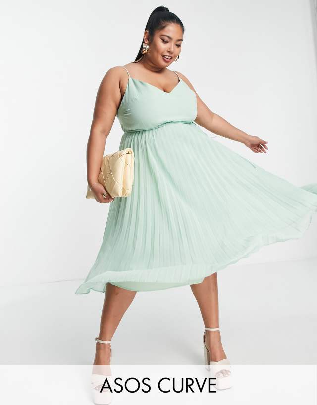 ASOS DESIGN Curve pleated cami midi dress with drawstring waist in soft green