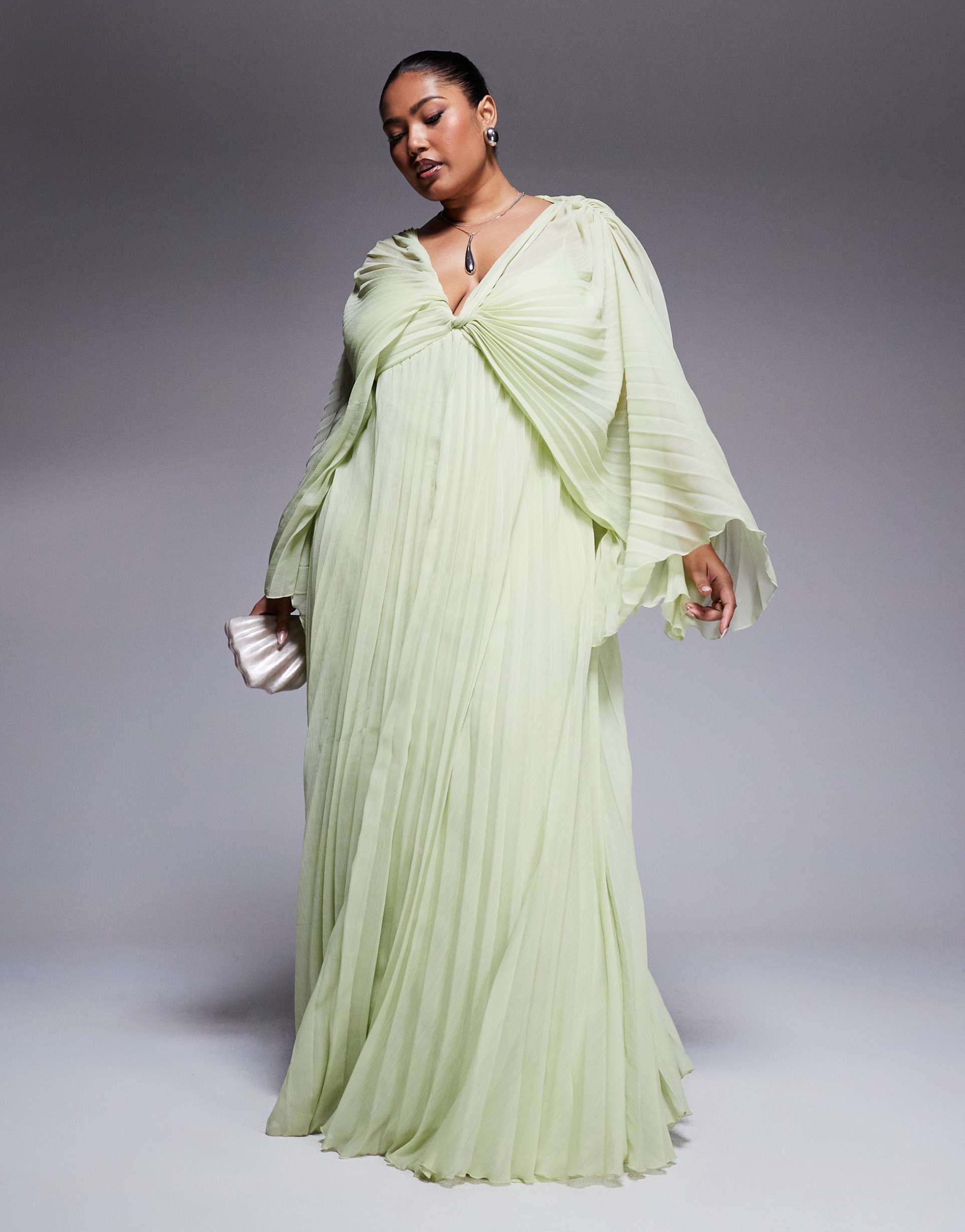 asos design curve pleated chiffon twist front maxi dress in apple green
