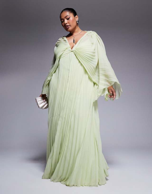 green pleated dress asos DESIGN Curve chiffon twist front maxi in apple asos green satin dress