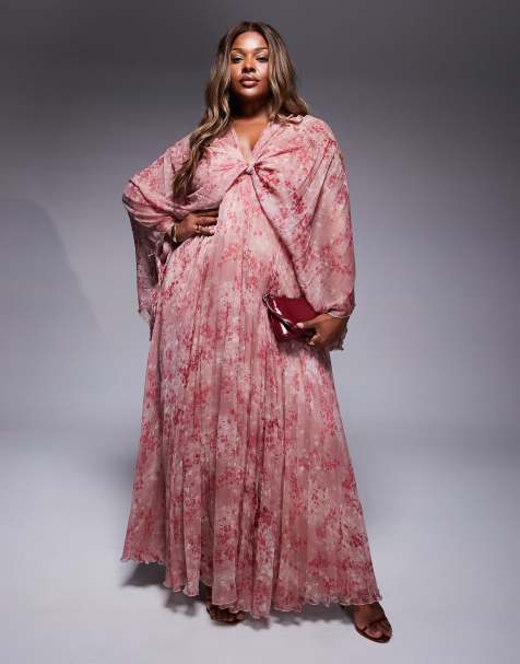 ASOS DESIGN Curve pleated chiffon twist front maxi dress in pink floral - view 1