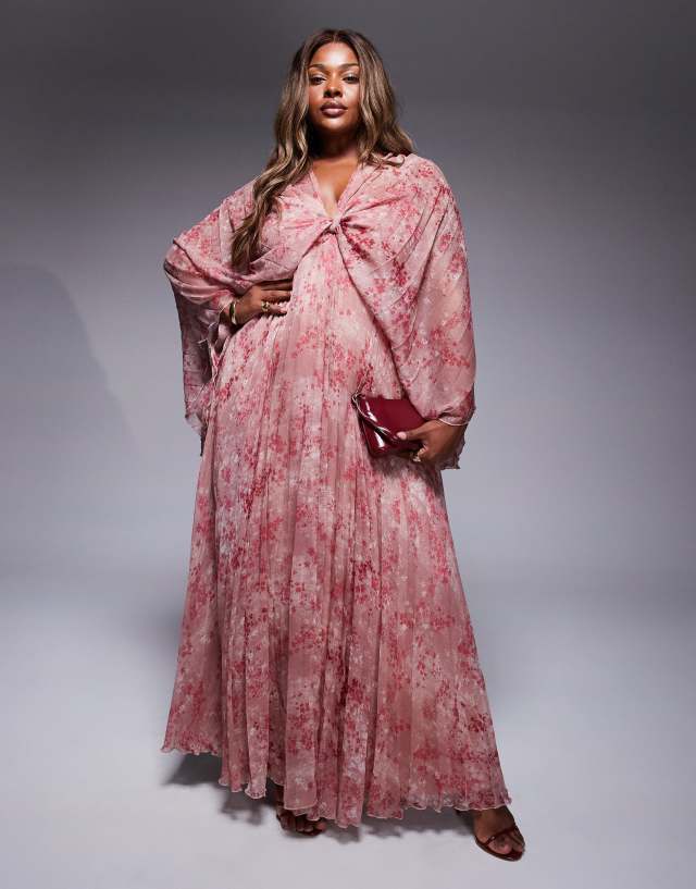 asos pink chiffon dress DESIGN Curve pleated twist front maxi in floral Pink floral Size:XXLarge christmas party Merokeety Womens Wrap Velvet this dress offers a