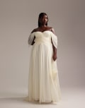 [ASOS Curve] ASOS DESIGN Curve pleated corset maxi wedding dress with draped sleeves in ivory-White 22 IVORY