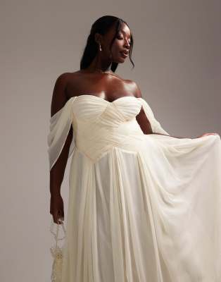 ASOS CURVE ASOS DESIGN CURVE PLEATED CORSET MAXI WEDDING DRESS WITH DRAPED SLEEVES 