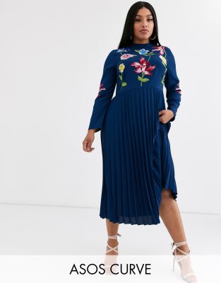navy floral long sleeve pleated midi dress