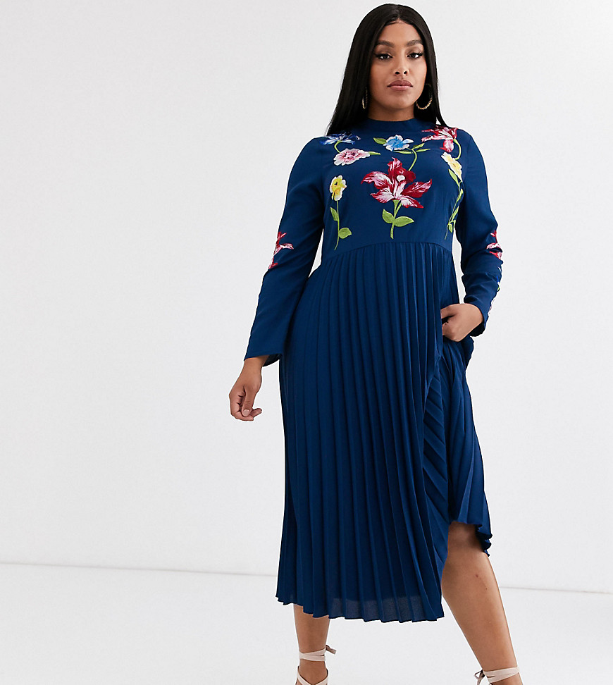 ASOS DESIGN Curve pleated embroidered midi dress-Navy
