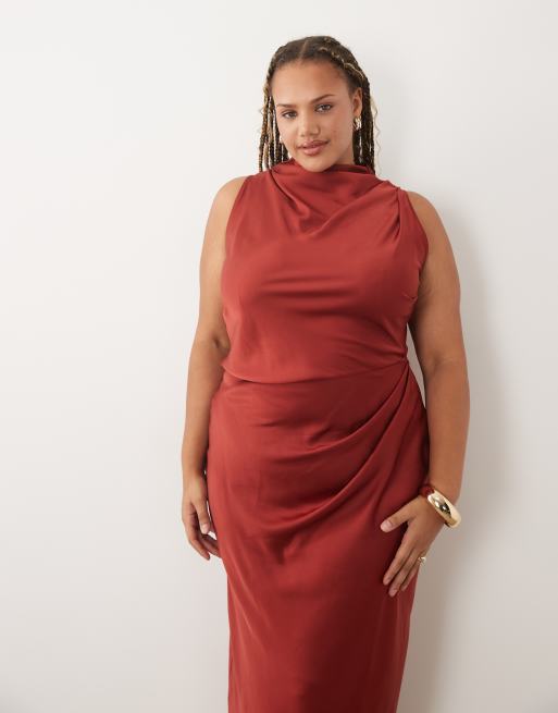 ASOS DESIGN Curve pleated gathered bodice satin maxi dress with high neck in deep red, 2 of 4