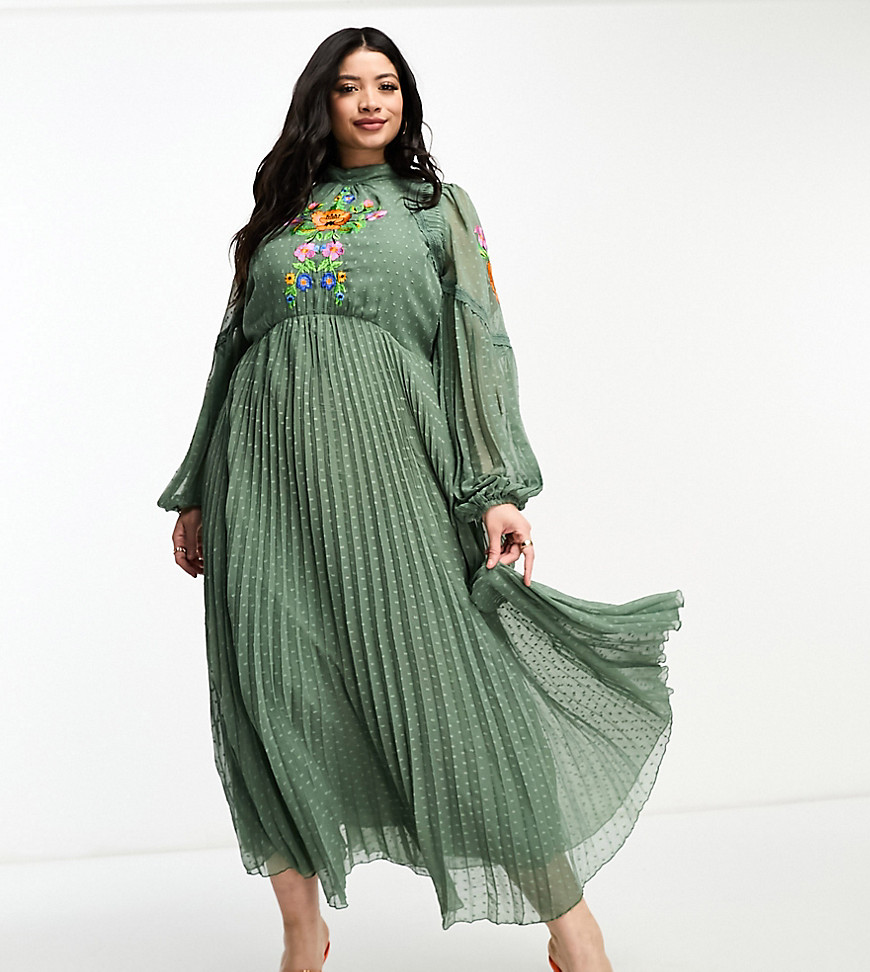 Asos Curve Asos Design Curve Pleated Lace Insert Embroidered Maxi Dress In Khaki-green
