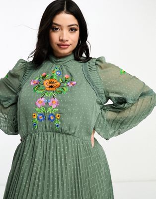 dress maxi Curve insert ASOS ASOS in khaki DESIGN lace pleated | embroidered