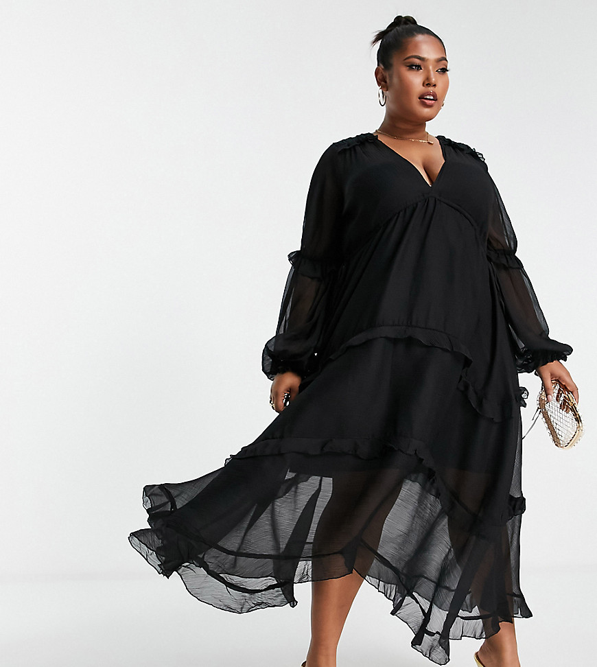 ASOS DESIGN Curve pleated layered tiered midi dress in black-Multi