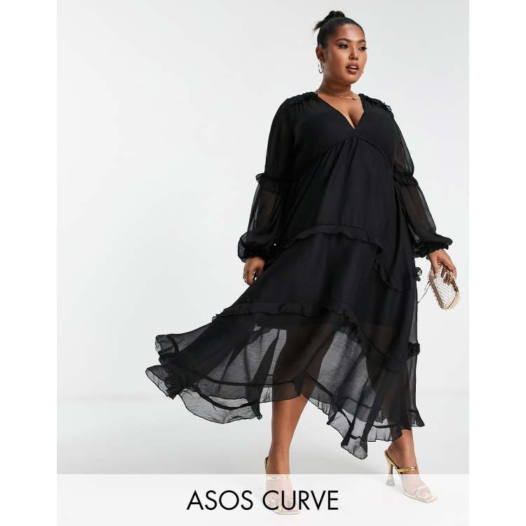 ASOS DESIGN Curve pleated layered tiered midi dress in black