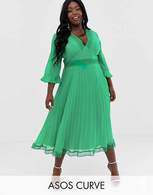 ASOS DESIGN Curve pleated midi dress with lace inserts
