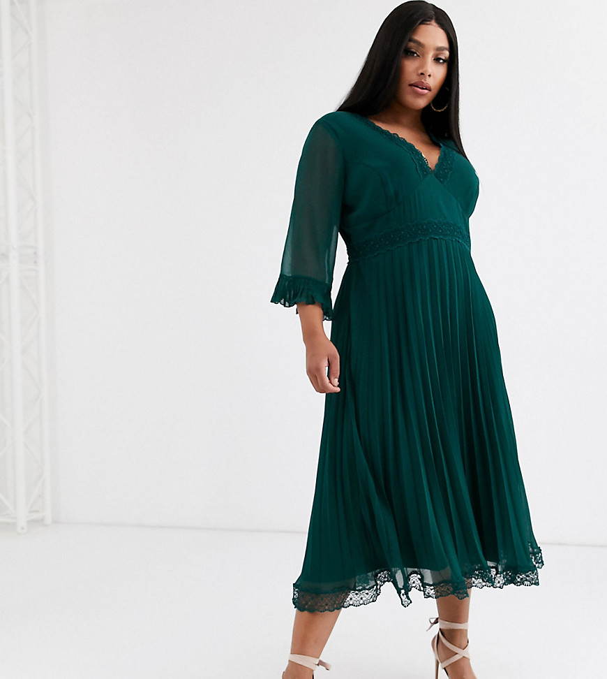 ASOS DESIGN Curve pleated midi dress with lace inserts-Green