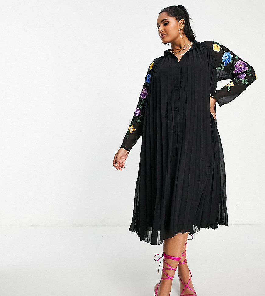 ASOS Curve ASOS DESIGN Curve pleated midi shirt dress with embroidered sleeves in black