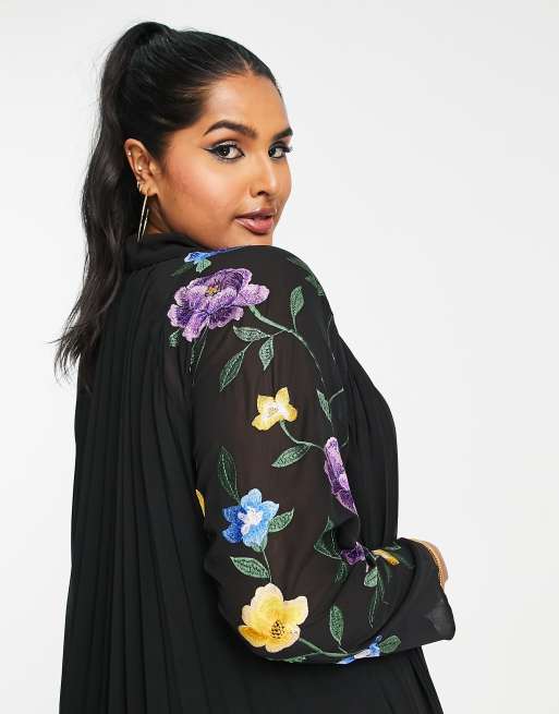 ASOS DESIGN Curve pleated midi shirt dress with embroidered sleeves in black