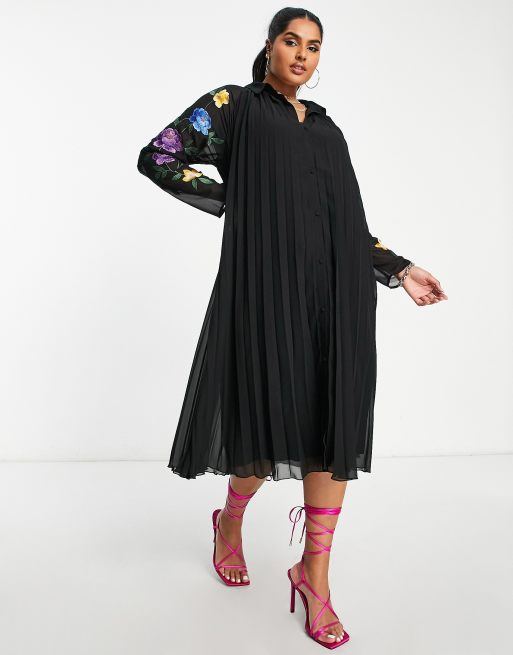 ASOS DESIGN Curve pleated midi shirt dress with embroidered