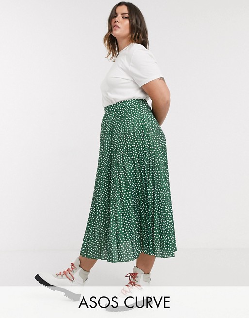 ASOS DESIGN Curve pleated midi skirt in polka dot print