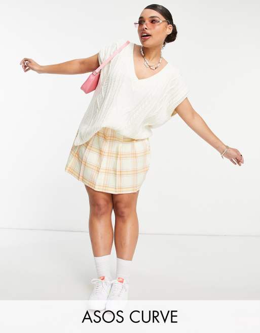 ASOS DESIGN Curve pleated mini skirt in yellow & lilac check print - MULTI
