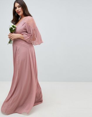 asos design pleated panelled flutter sleeve maxi dress with lace inserts