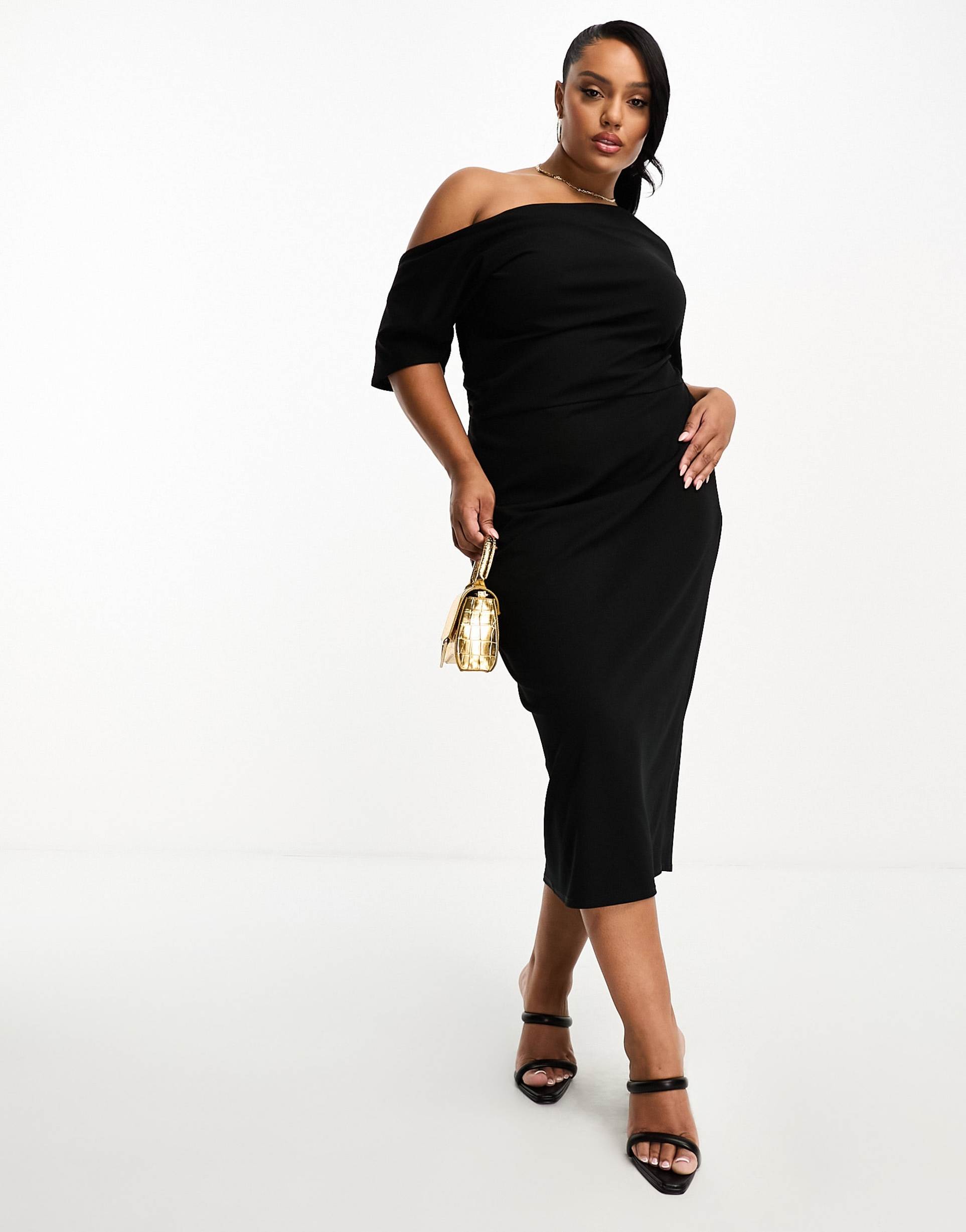 asos design curve pleated shoulder pencil dress in black