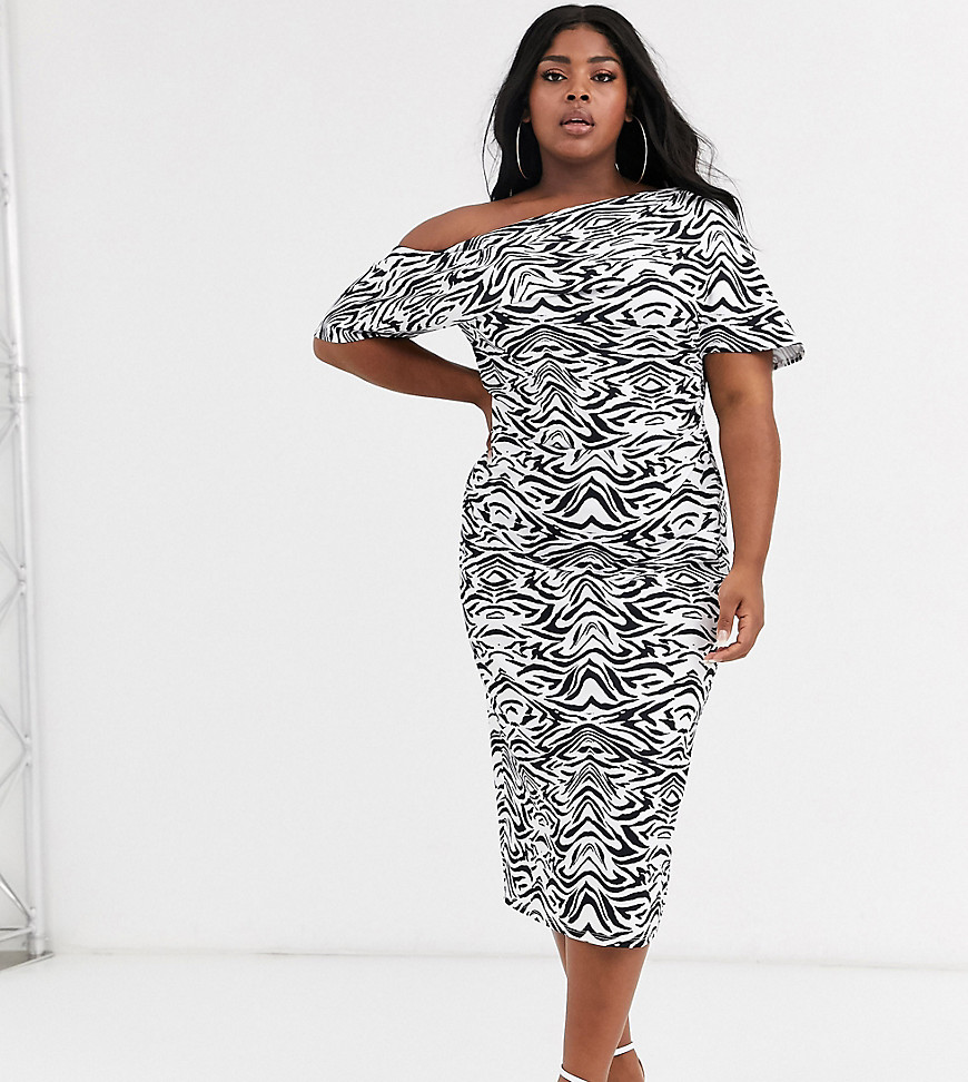 ASOS DESIGN Curve pleated shoulder pencil dress in zebra print-Multi