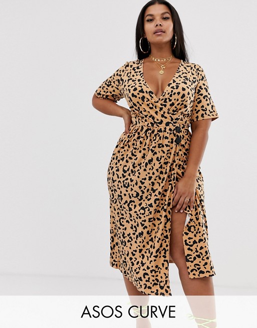 ASOS DESIGN Curve pleated skirt midi dress with button detail in animal print