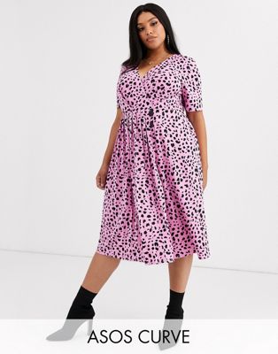 ASOS DESIGN Curve pleated skirt midi dress with button detail in animal print-Multi