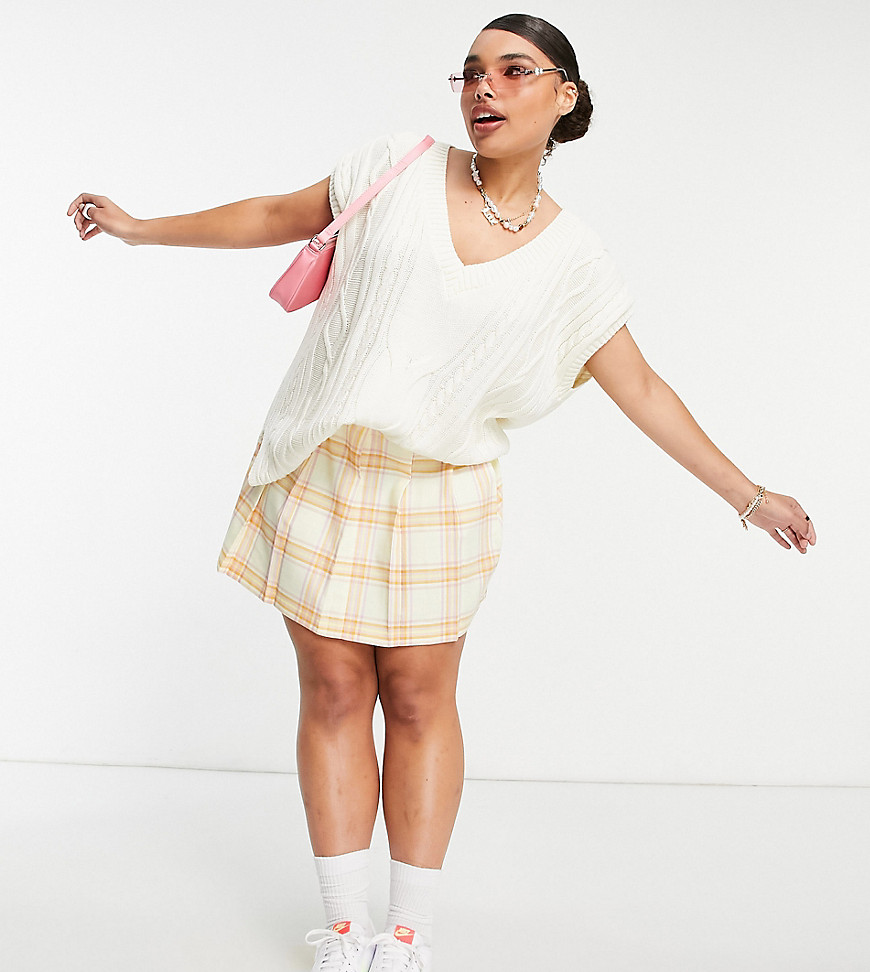 ASOS DESIGN Curve pleated tennis mini skirt in yellow & lilac check print-Multi