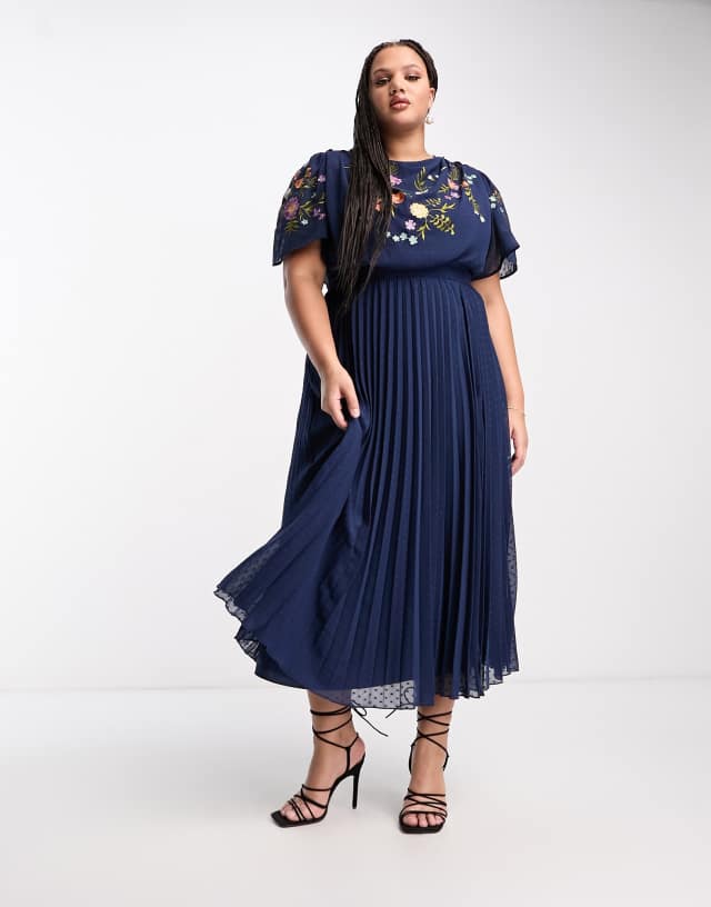 ASOS DESIGN Curve pleated textured cowl front embroidered midi dress in navy