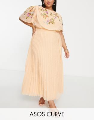 ASOS DESIGN Curve pleated textured cowl front embroidered midi dress with belt in coral-Orange