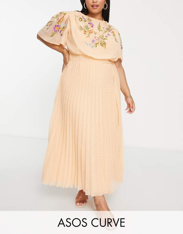 ASOS DESIGN Curve pleated textured cowl front embroidered midi dress with belt in coral