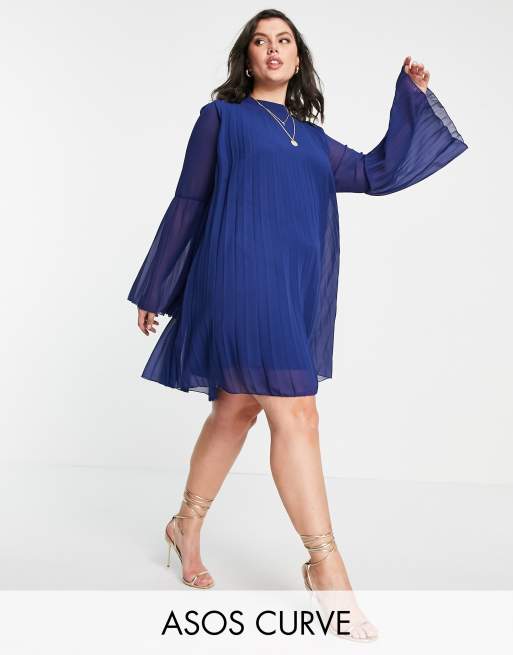 ASOS DESIGN Curve pleated trapeze mini dress with fluted sleeve in navy