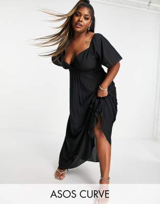 Asos Curve Asos Design Curve Twist Back Empire Waist Pleated Velvet Maxi Dress In Black In Black