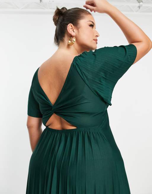 ASOS DESIGN pleated twist back cap sleeve maxi dress in forest green