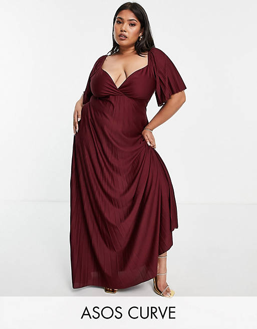 ASOS DESIGN Curve pleated twist back cap sleeve maxi dress in red