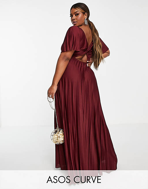 Dresses Curve pleated twist back cap sleeve maxi dress in red 