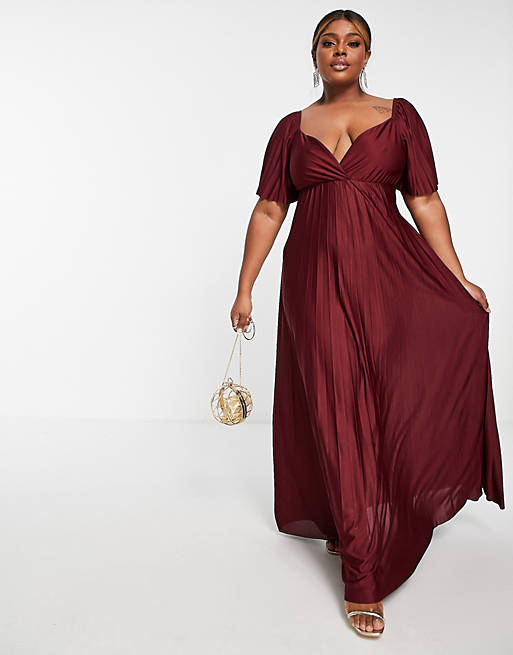 Dresses Curve pleated twist back cap sleeve maxi dress in red 
