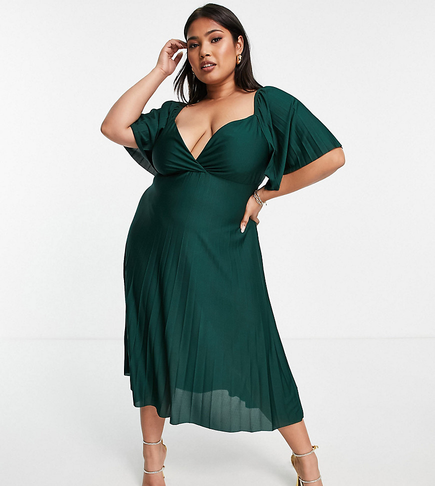 ASOS DESIGN Curve pleated twist back cap sleeve midi dress in forest green