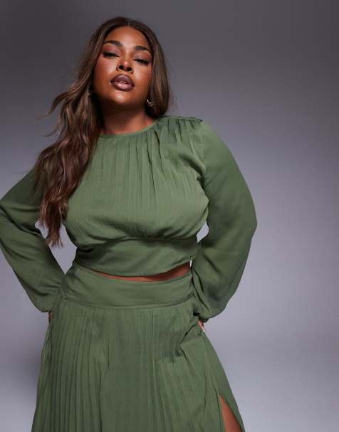 ASOS DESIGN Curve pleated waist detail long sleeve top in olive - part of a set - view 1