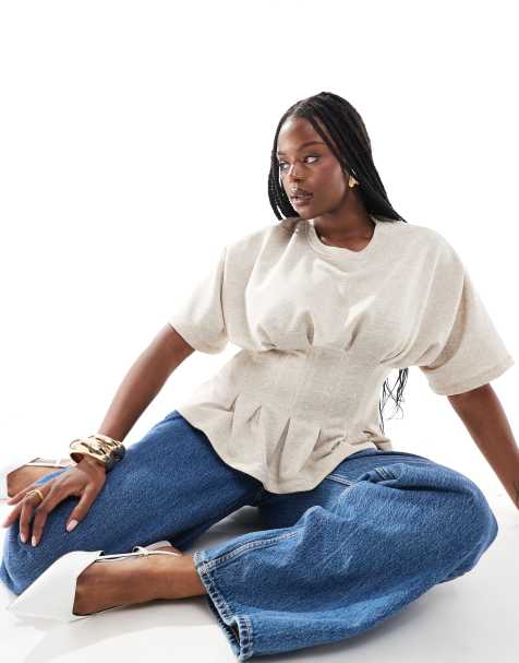 ASOS DESIGN Curve pleated waist sweat in oatmeal - view 1